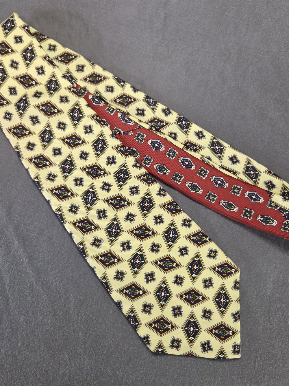 Vintage Tommy Hilfiger Silk Necktie Yellow Red Geometric Diamond Medallion 90s